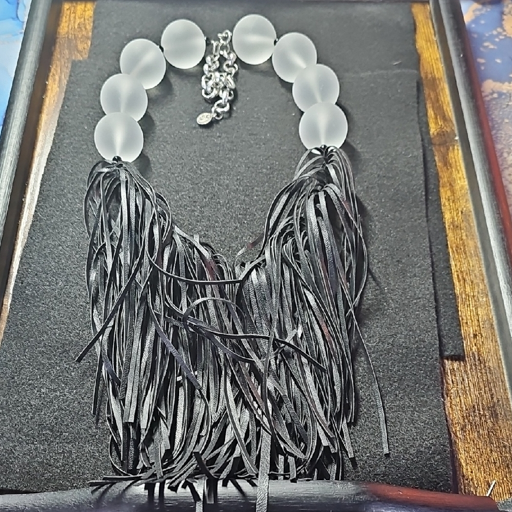 Sassy Jones Frosted White and Black Fringe Necklace